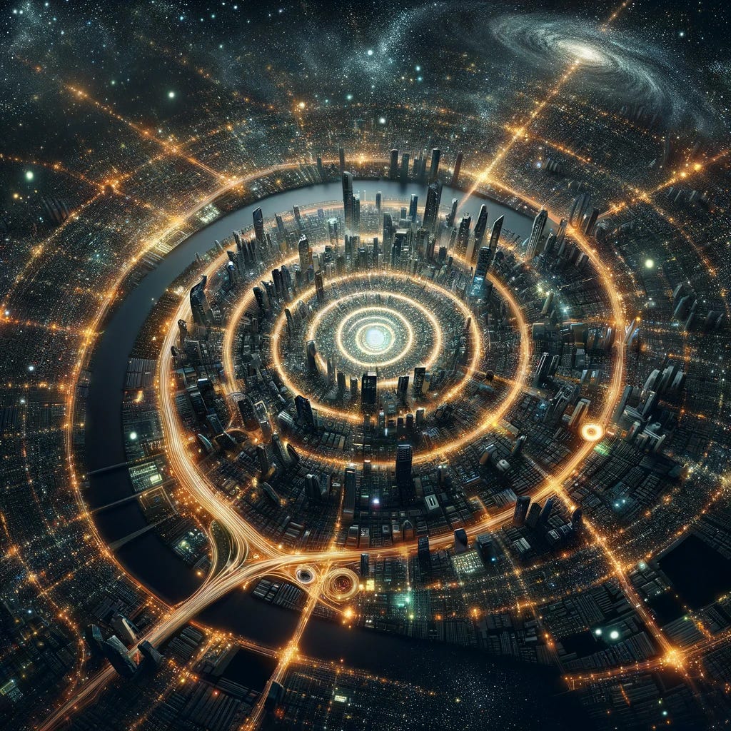 Create a bird's-eye view of a city at night, designed to resemble the swirling patterns of a galaxy. The city should have circular roads and glowing lights that mimic stars, with brighter areas representing denser star clusters. The central business district should resemble the bright core of a galaxy, with radiating avenues extending outward like spiral arms. Parks and green spaces can appear as darker voids, adding contrast and depth. The overall effect should evoke the majestic beauty of a galaxy, blending urban design with cosmic imagery.