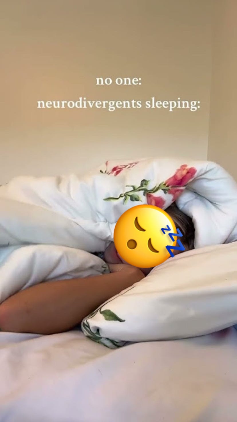 A photo of a woman sleeping with her arms tucked into her chest with a caption reading, "no one: neurodivergents sleeping:"