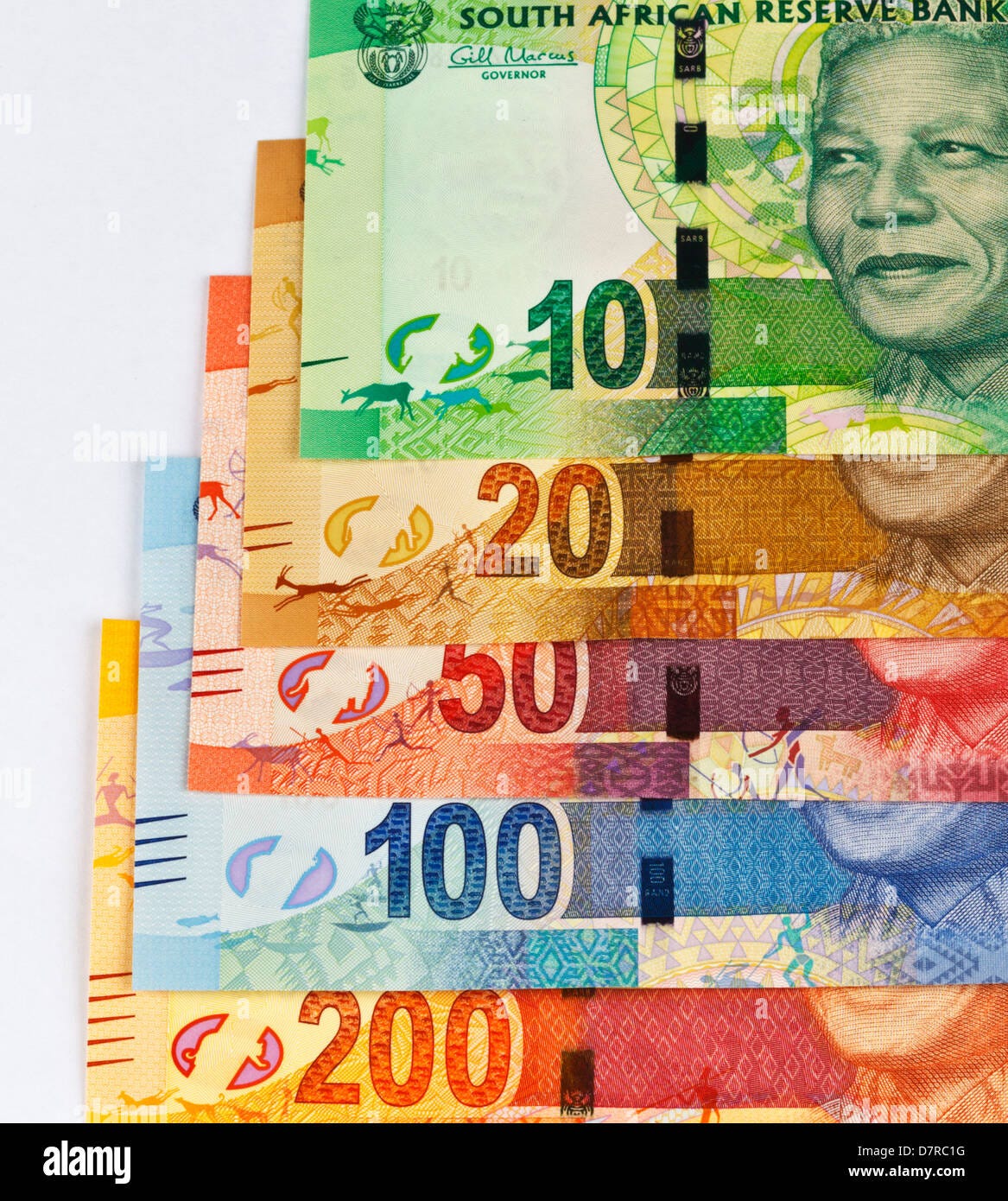 New South African currency in bill denomination depicting Nelson Mandela  ten rand to two hundred rand Stock Photo - Alamy