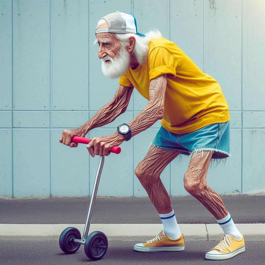 OK, Boomer, you’re not a kid anymore! Please give the toy back to your great grandson! Image of very old and infirm man dressed like a child and playing with a toy.