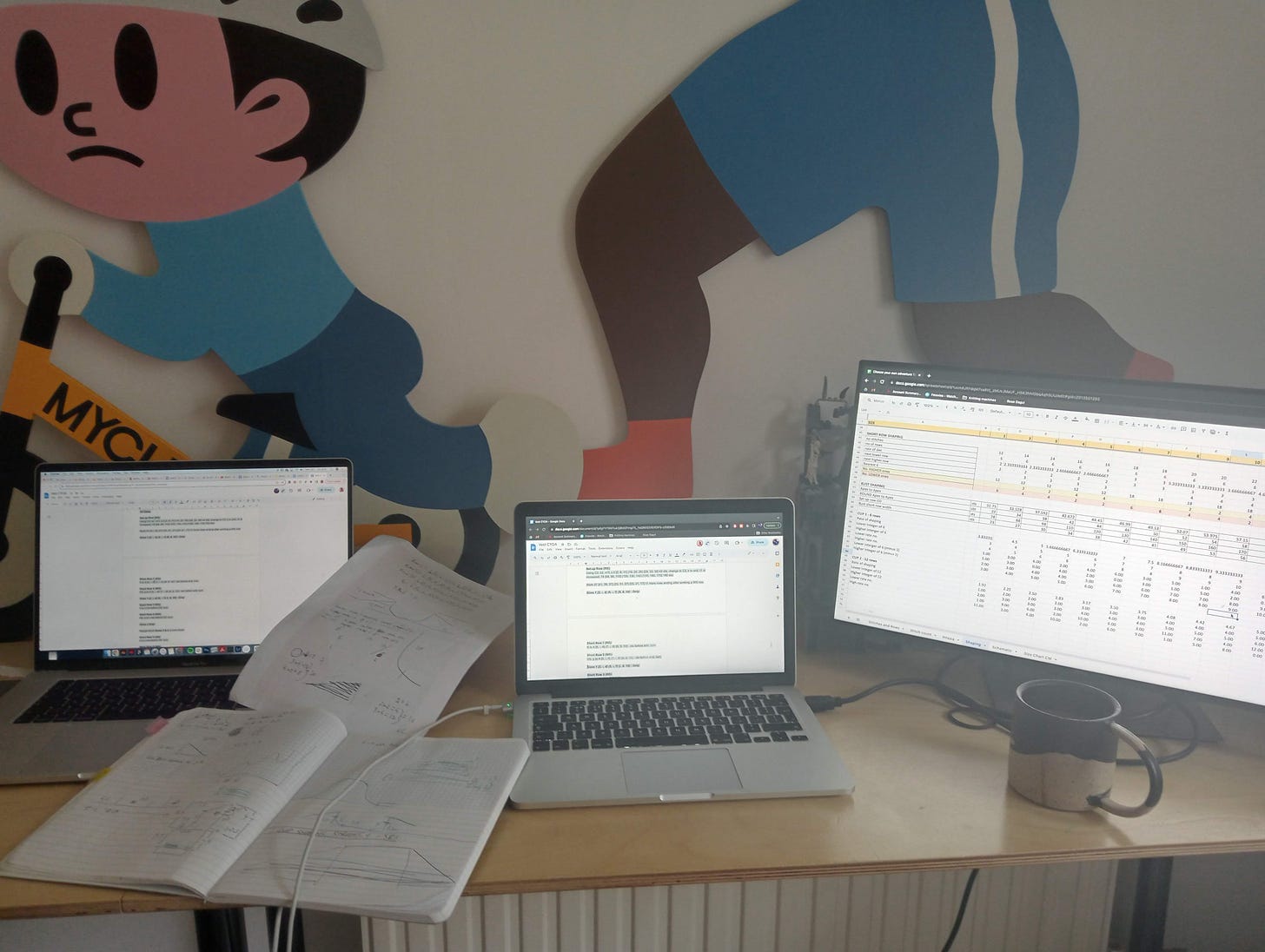 An image of three computer screens with spreadsheets and pattern writing and notes