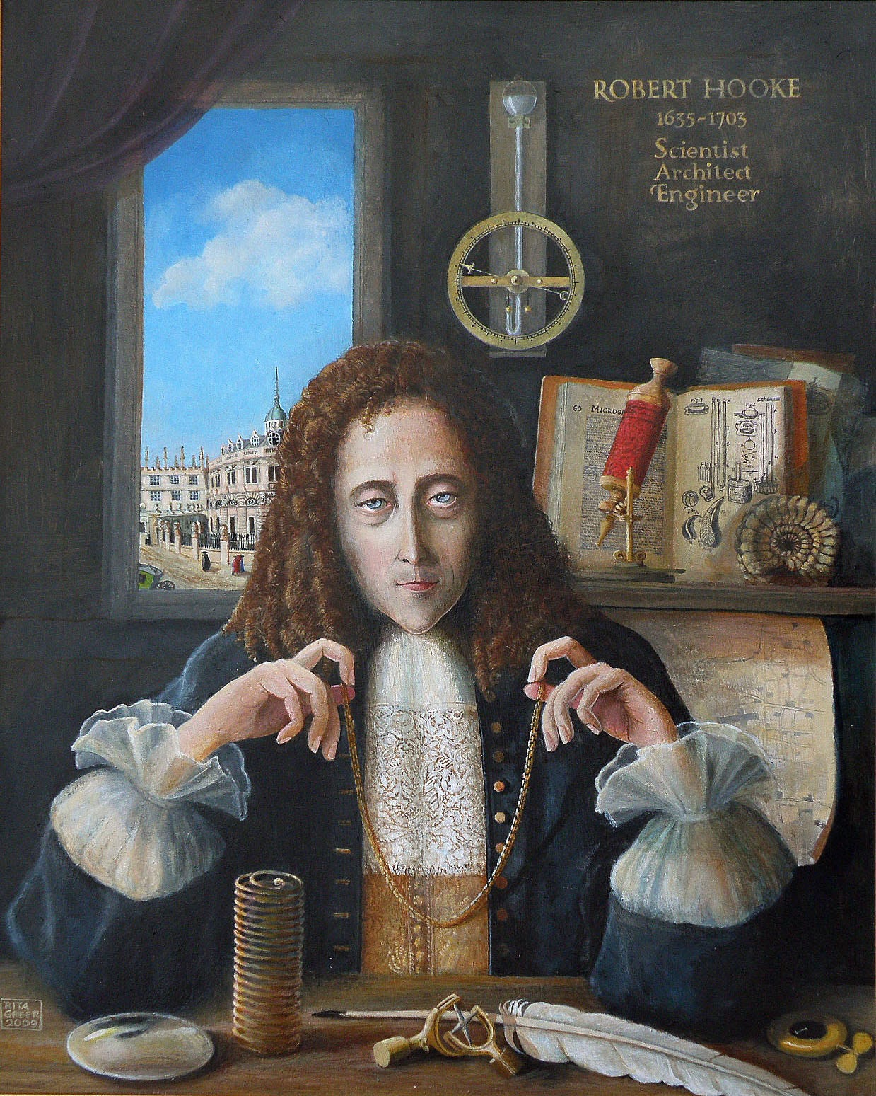 Painting of Robert Hooke seated in a study, holding a small chain suspended between his hands by the ends