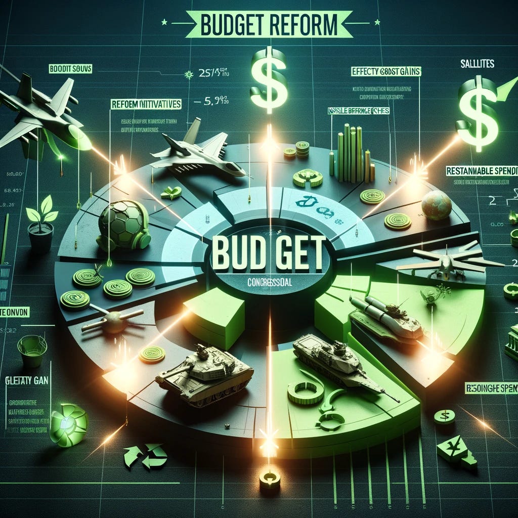Enhance the dynamic and 3D infographic of the congressional budget with a theme of budget reform, especially in the military sector. Add elements like green arrows indicating efficiency improvements, recycling symbols to represent resource reallocation, and dollar signs glowing with a brighter hue to signify cost savings. Overlay text labels such as 'Reform Initiatives', 'Efficiency Gains', and 'Sustainable Spending' on relevant sections of the 3D pie chart. The military systems (drones, tanks, missile defense systems, and satellites) now include overlays or modifications that suggest upgrades for better performance with lower costs or environmental impact, like solar panels on satellites or green energy symbols on tanks. The overall aesthetic is futuristic and optimistic, emphasizing the potential benefits of budget reform in enhancing both defense capabilities and fiscal responsibility.