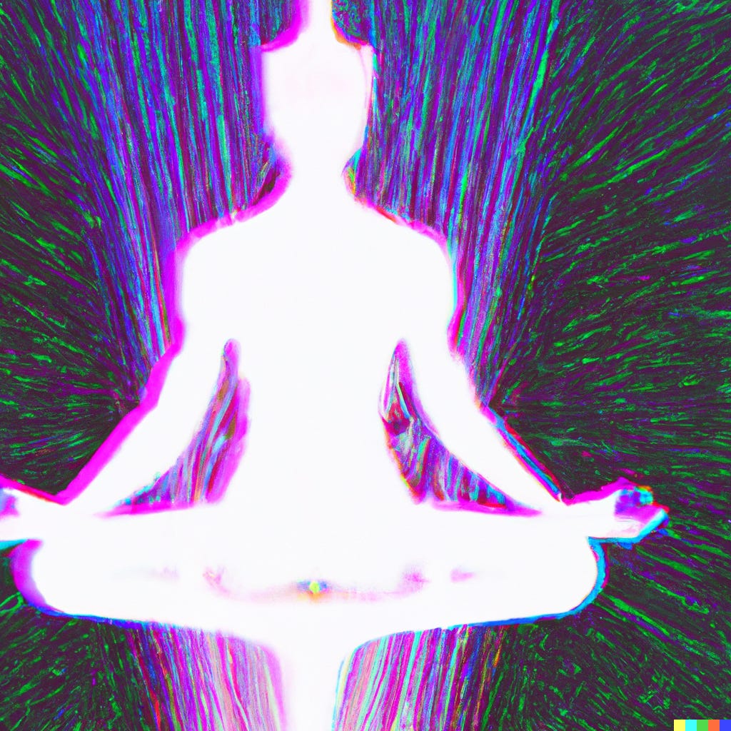 visualization of a person meditating in the ultimate blissful state in the style of vaporware