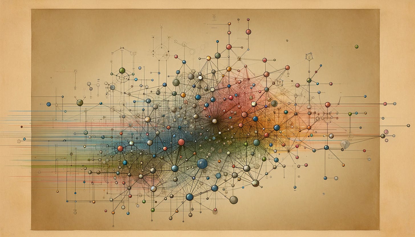 A visually striking, abstract representation of a complex, multi-dimensional graph, with nodes and edges of different colors and sizes, illustrating the rich connectivity and potential for insight within the holograph.