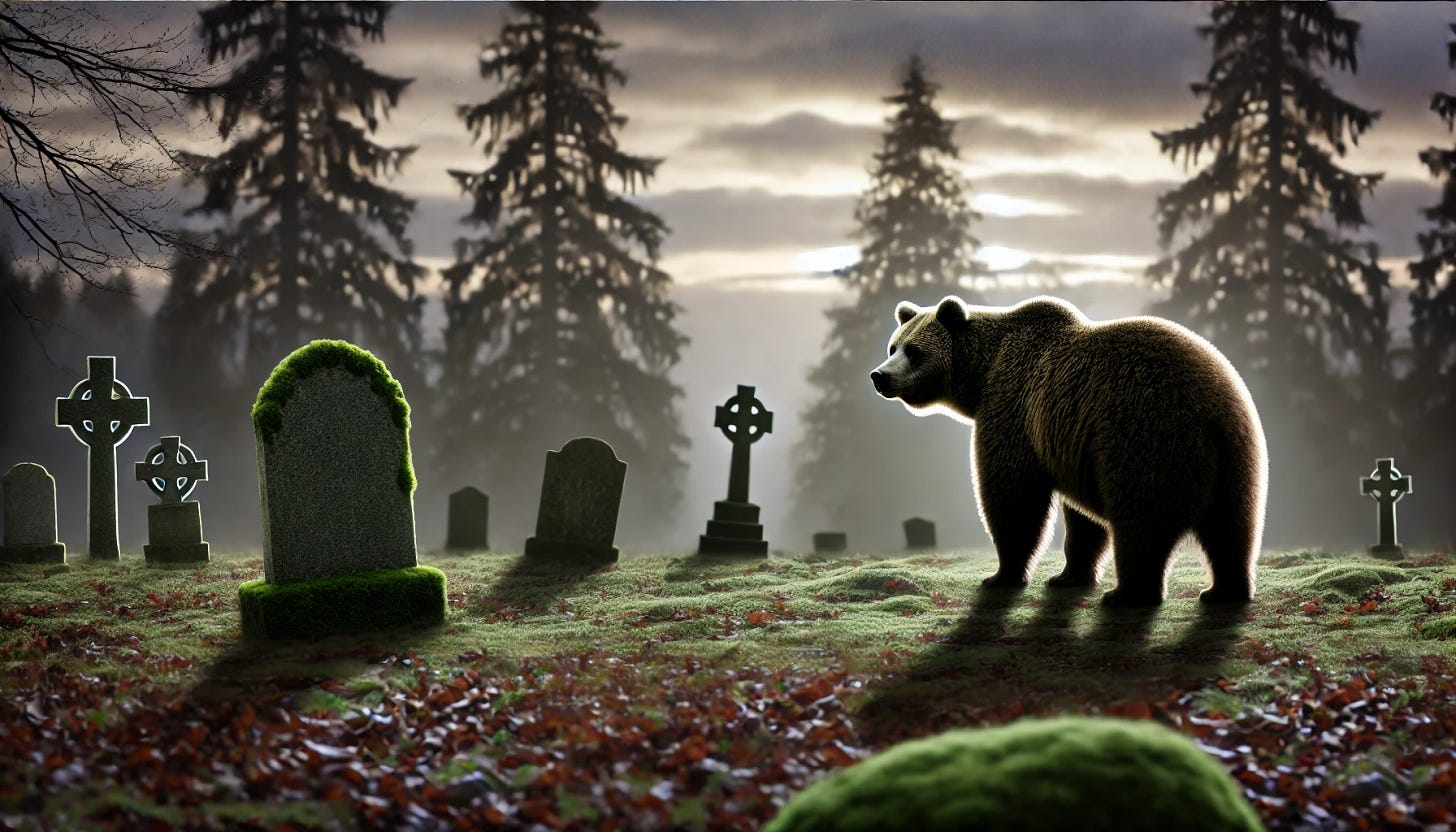 A majestic Kodiak bear standing contemplatively in a serene graveyard at dusk. The scene features an overcast sky, with soft light filtering through the clouds, casting a melancholic and reflective mood. The bear is positioned near a weathered tombstone, surrounded by scattered leaves and moss-covered grave markers. In the background, tall, shadowy trees add depth and a sense of solitude to the setting. The overall atmosphere is somber and poetic, emphasizing the bear's thoughtful stance. Aspect ratio: 34:21.