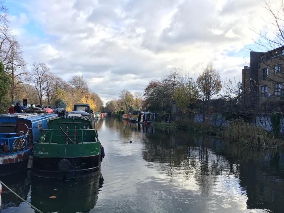 Regent's Canal, with various double-moored narrowboats, a solitary coot in the water and grey clouds in the sky. It's November and most trees are bare. It looks cold.