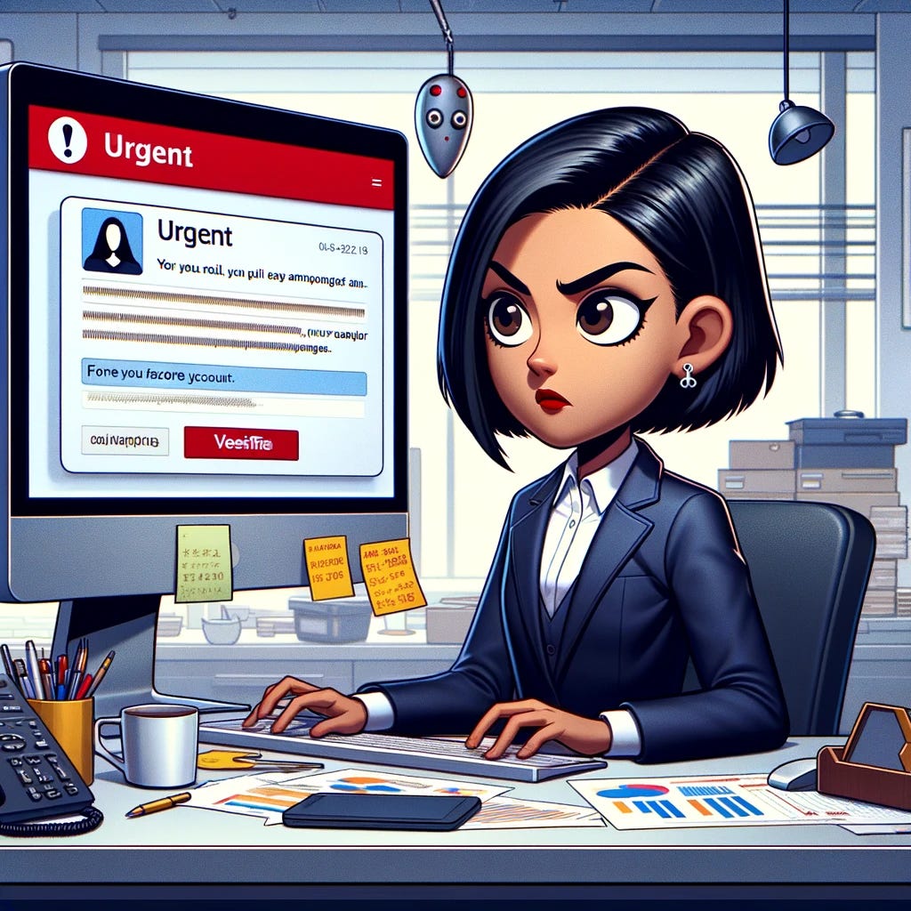 Create a cartoon of Sophia, an intelligent-looking cartoon character with short black hair, wearing a business suit, at her office desk. The desk is cluttered with financial charts, graphs, and a phone ringing off the hook. She's casting a skeptical glance at her computer screen, which displays an email with bold red text saying 'Urgent: Verify Your Account'. Include visual cues like a fish hook or a mask near the email to symbolize the potential phishing threat. The atmosphere should be busy yet tense, with Sophia's expression combining intelligence with wariness.