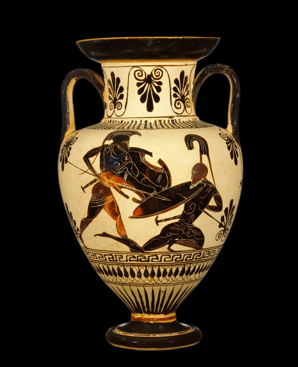 Black figure vase showing one warrior attacking another on the ground