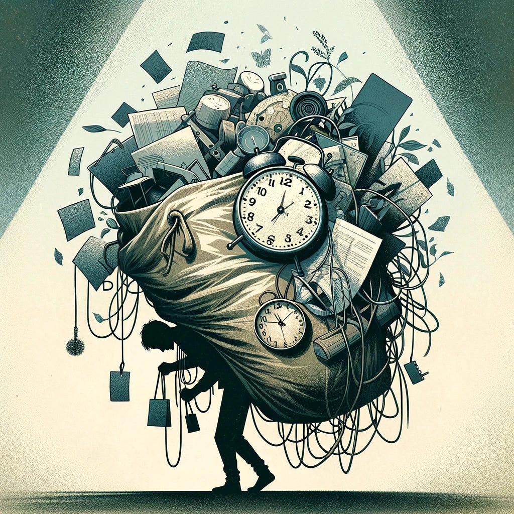 An illustration representing the concept of generalized anxiety disorder (GAD) through an analogy. The image shows a person carrying an oversized, heavy backpack that is overflowing with various items such as clocks, papers, and tangled wires, symbolizing the burden of persistent worries and concerns typical of GAD. The person's posture is stooped under the weight, illustrating the physical and emotional strain of the disorder. Surrounding the figure are shadowy, indistinct shapes that represent the vague and uncontrollable nature of the anxiety. The overall tone of the image is subdued, with a color palette that conveys a sense of heaviness and overwhelm, reflecting the impact of GAD on an individual's life.