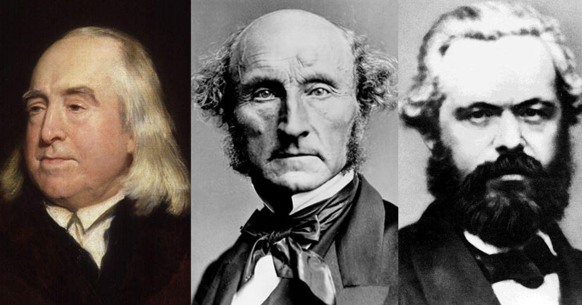 Images of Bentham, Mill, and Marx, discussed in the article below.