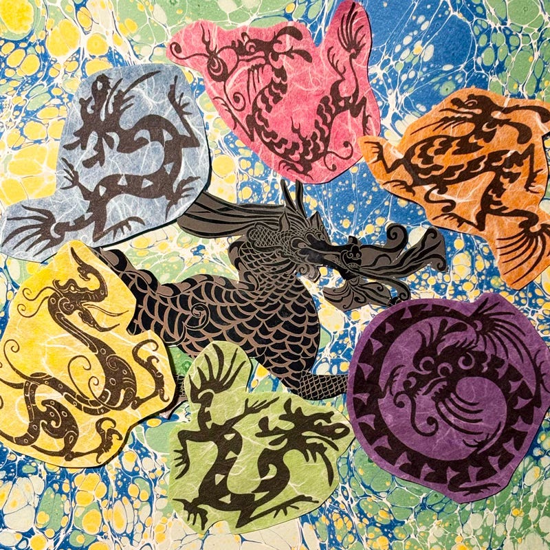 Collage image of 6 dragons representing wordcraft