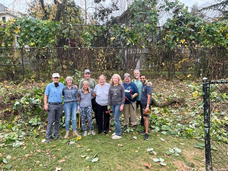 Picture of 9 people holding gloves and shears in Macomb Park. Background shows kudzu, an invasive plant, that has been cut and the fence around the park. It is daytime and greenery on the ground is visible.