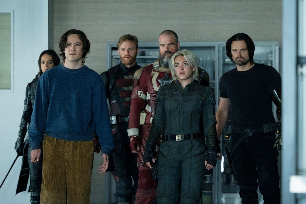 THUNDERBOLTS*, (aka THUNDERBOLTS), from left: Hannah John-Kamen as Ghost, Lewis Pullman as Robert Reynolds, Wyatt Russell as John Walker, David Harbour as Red Guardian, Florence Pugh as Yelena Belova, Wyatt, Sebastian Stan as Bucky Barnes, 2025. ph: Chuck Zlotnick /© Marvel / © Walt Disney Studios Motion Pictures /Courtesy Everett Collection