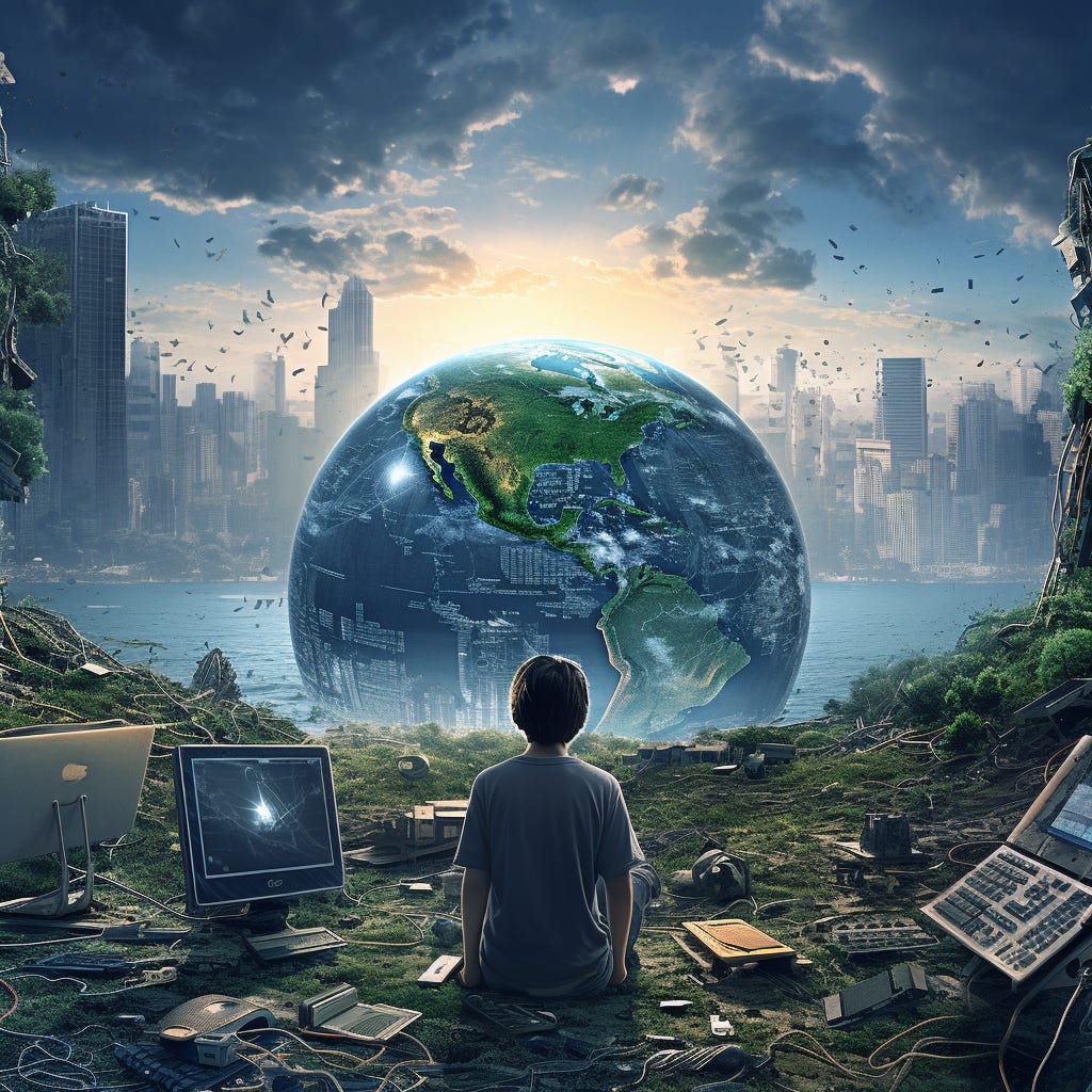 A programmer staring at a globe thinking about our dying planet