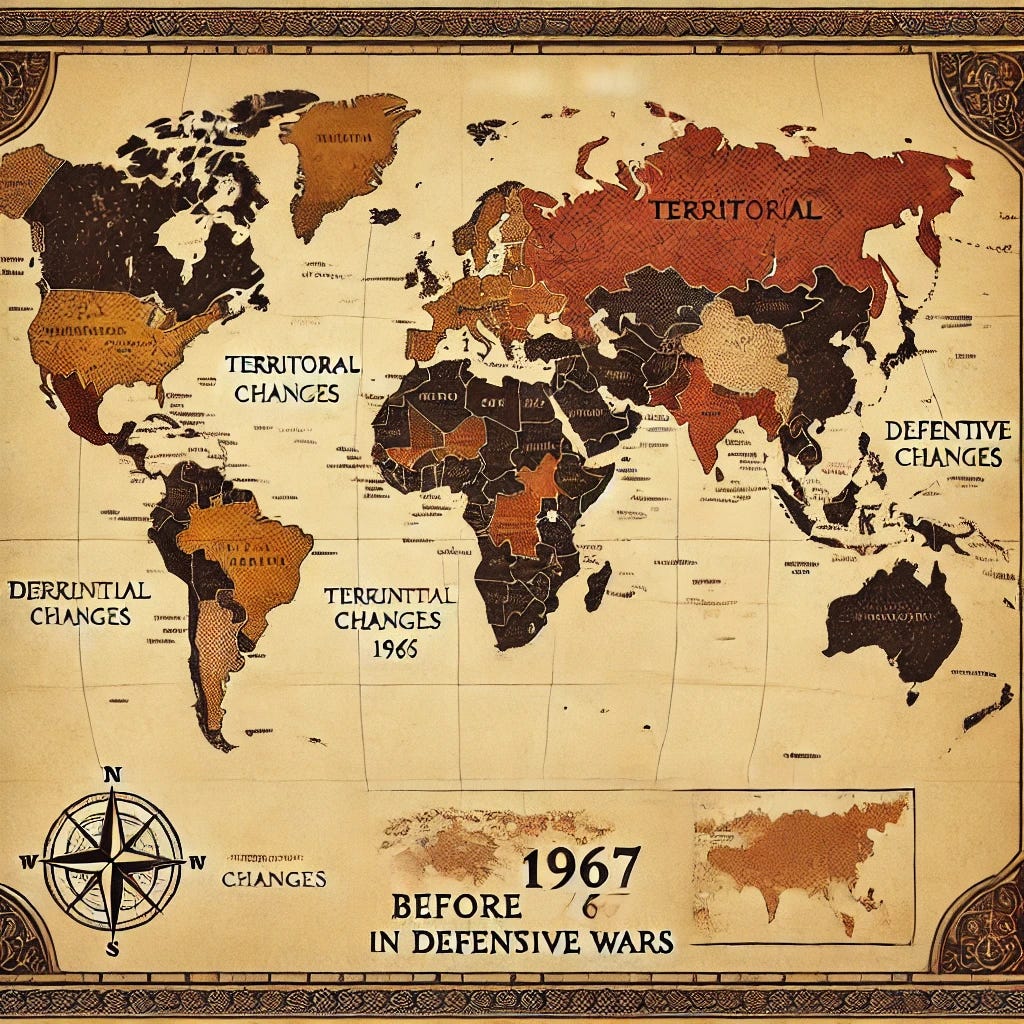 A historically styled illustration of a world map with highlighted areas showing territorial changes before 1967 due to defensive wars. The map should have an aged, parchment-like appearance, with no labels or text, only boundary lines and highlighted regions to indicate changes, accompanied by decorative elements like a compass rose and vintage-style borders.