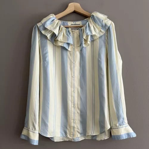 J. Crew Collection Ruffle Collar Blouse Striped Silk Cream Blue Sz Medium - Picture 1 of 12