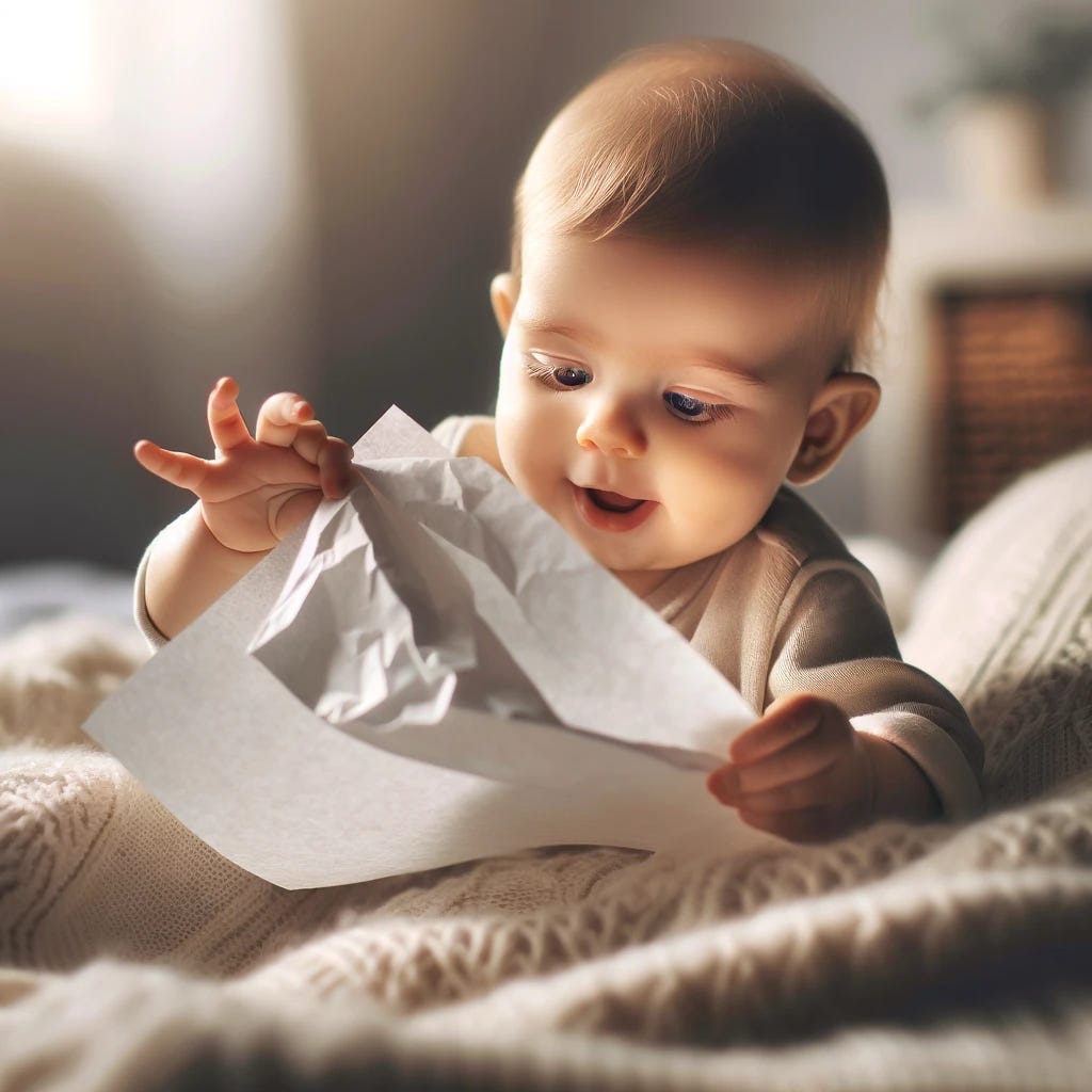 An adorable image of a 6-month-old baby lying on their back on a soft, cozy blanket, playfully exploring a piece of paper. The baby's small hands are touching the paper, attempting to grasp and wrinkle it, with the paper lightly crumpled from their efforts. The baby's eyes are wide with wonder and fascination, their mouth possibly open in a little 'o' of concentration as they experience the sensation of the paper's texture. The room is filled with a soft, ambient light that casts a peaceful glow, emphasizing the innocence and discovery in the baby's activity.