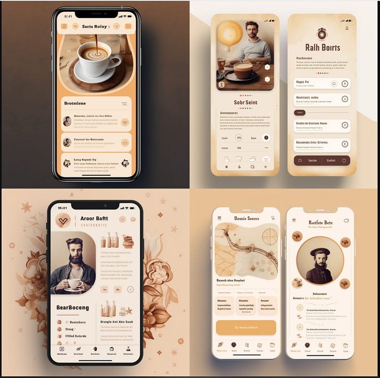 4 sample images of a mobile phone application from Midjourney AI. They are based entirely on the Designercize prompt