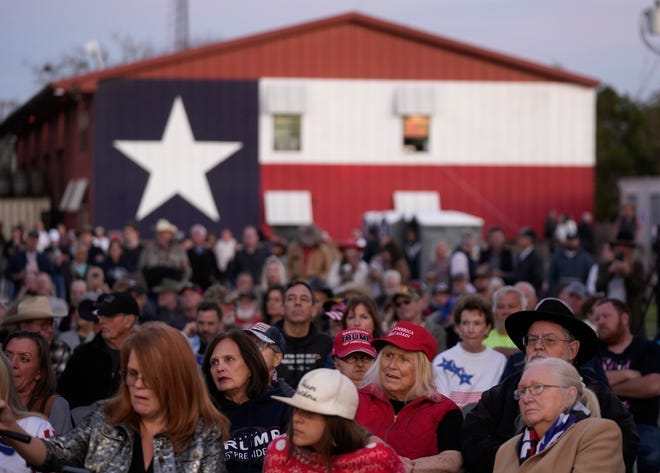 People listen at the Take Our Border Back Convoy rally at One Shot Distillery and Brewery in Dripping Springs on Thursday February 1, 2024.
