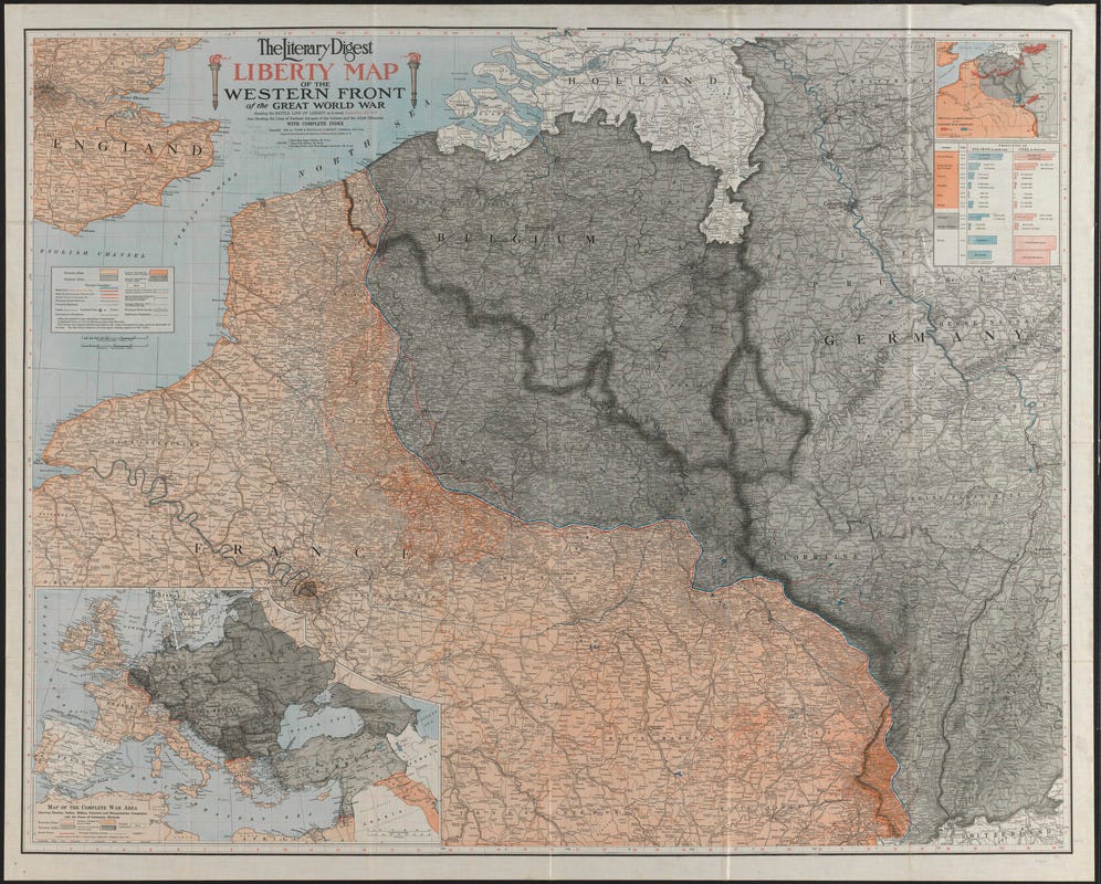 The Literary Digest liberty map of the Western Front of the Great World War showing the battle line of liberty as it stood September 5th, 1918