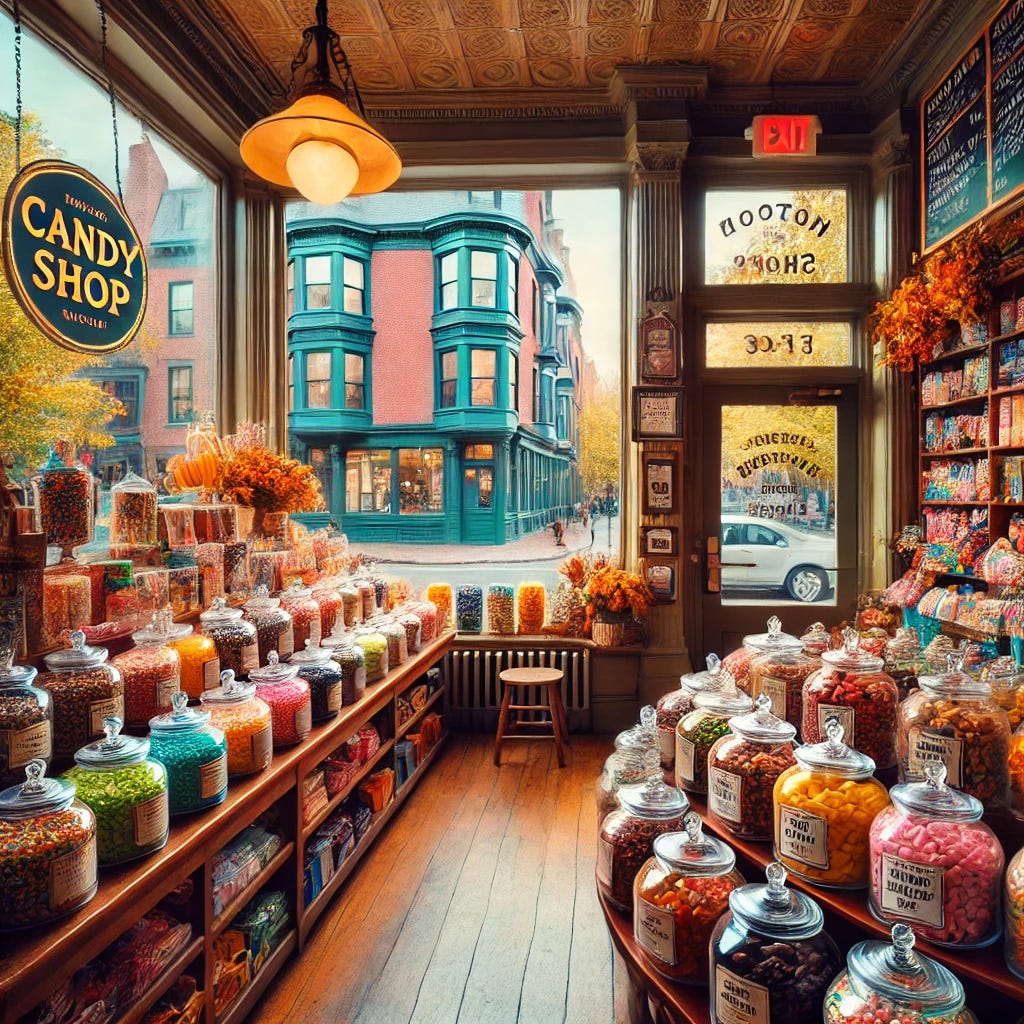 A vibrant, inviting candy store in Boston, with a charming historical street view outside. The store has colorful displays of assorted candies in glass jars and shelves filled with a variety of sweets, chocolates, and lollipops. The interior has wooden floors and a warm, cozy ambiance with a classic New England architectural style. Large windows allow natural light to fill the space, and a neon 'Candy Shop' sign is visible at the entrance. Customers are browsing the selection with a cheerful atmosphere. Fall decorations, like pumpkins and autumn leaves, enhance the seasonal feel.