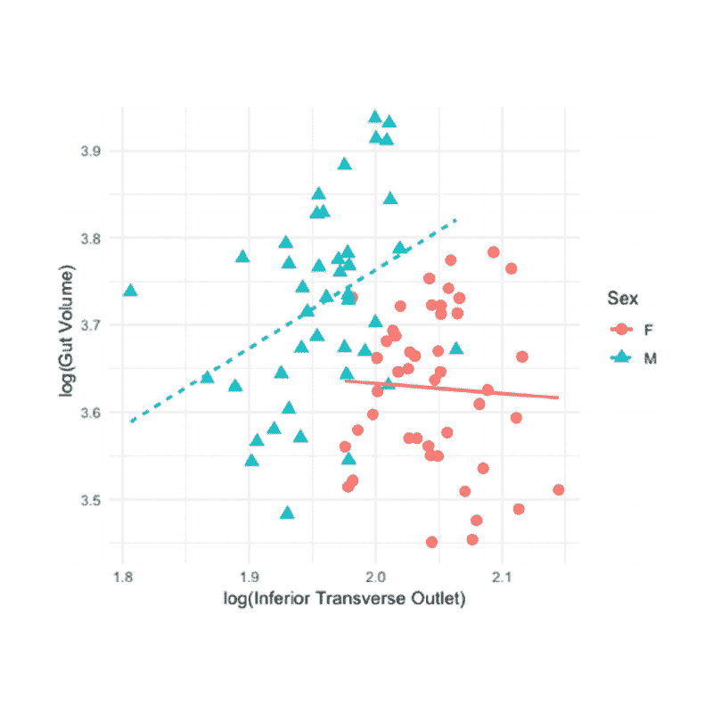 A plot showing the inferior transverse outlet versus gut volume in men and women. 