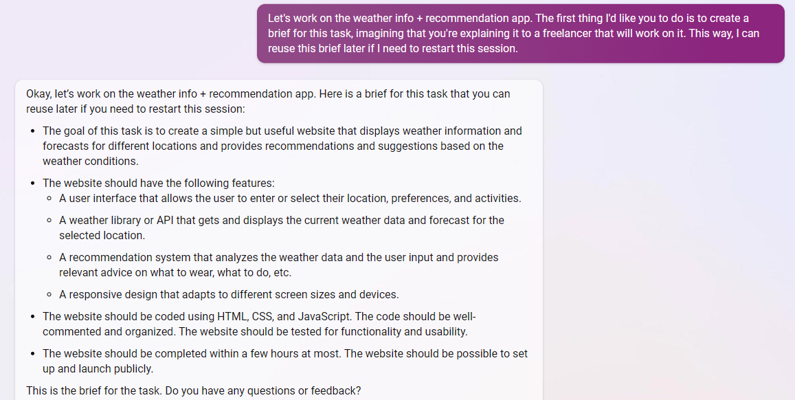 Screenshot of Bing providing a task brief about a weather app