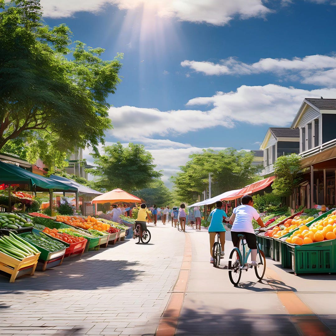 Photo showing a neighborhood where people are walking, kids are on bikes and there are fruits & vegetables vendors