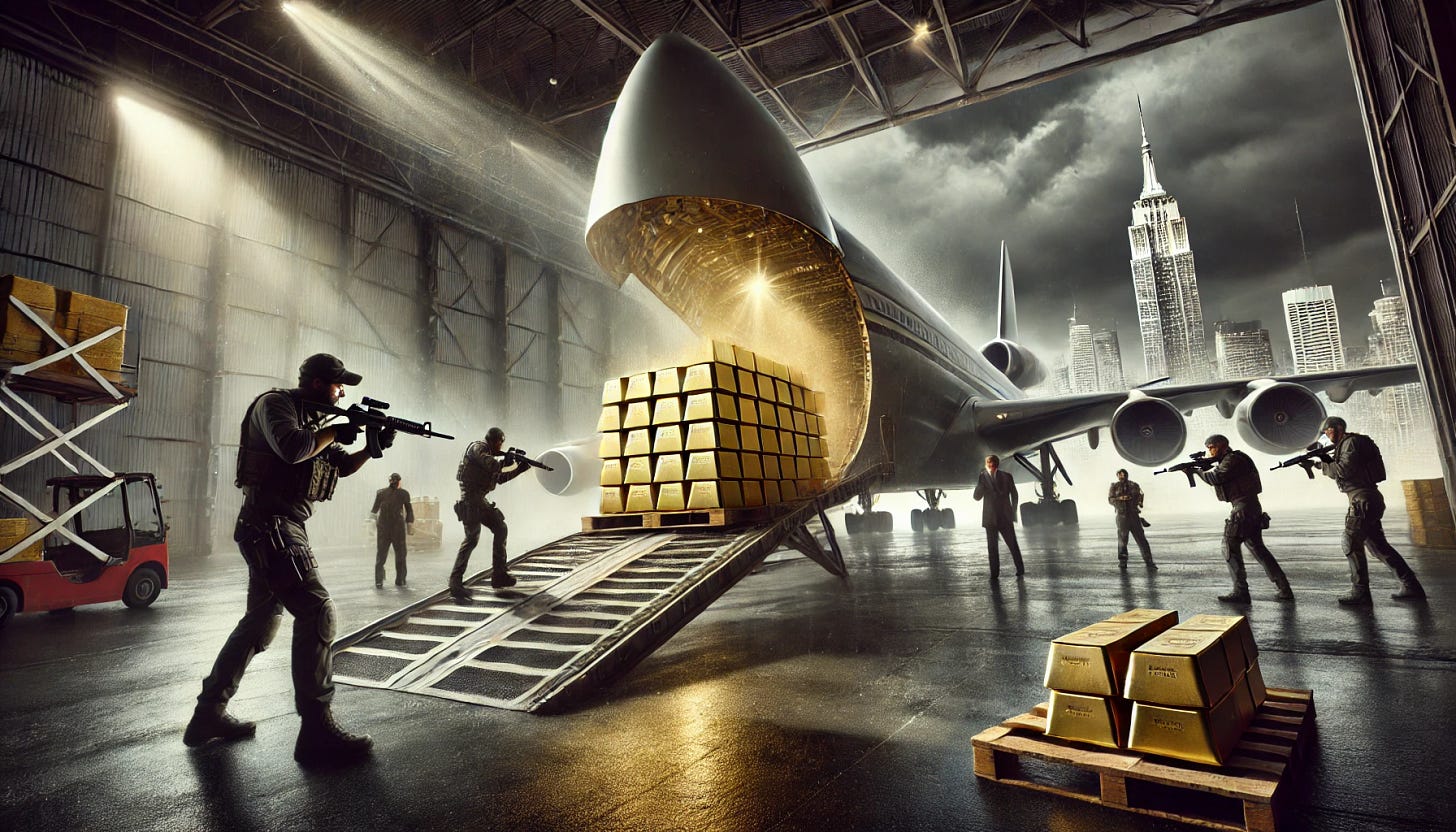 A highly dramatic scene of gold bars being urgently transported on a cargo plane under heavy security. The image features armed guards with intense expressions, a dimly lit airport hangar, and a looming storm in the background. The gold crates are being rushed onto the plane, with a sense of urgency and secrecy. The New York City skyline is faintly visible, symbolizing the destination of the wealth transfer. Spotlights and shadows add a cinematic, high-stakes feel to the composition.