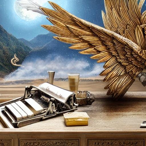 Fanciful nocturnal illustration of angelic wings in the moonlight on a desk with coffee and writing apparatus