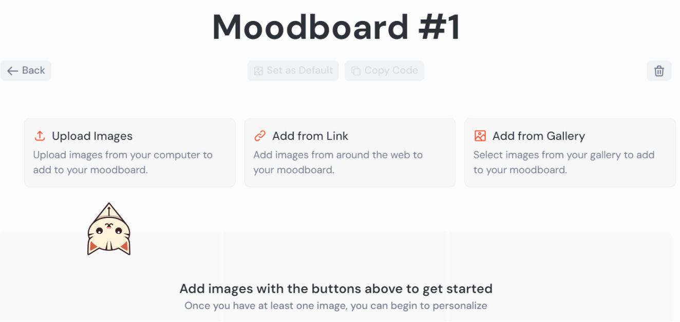 Upload images to generate a Moodboard profile or code.