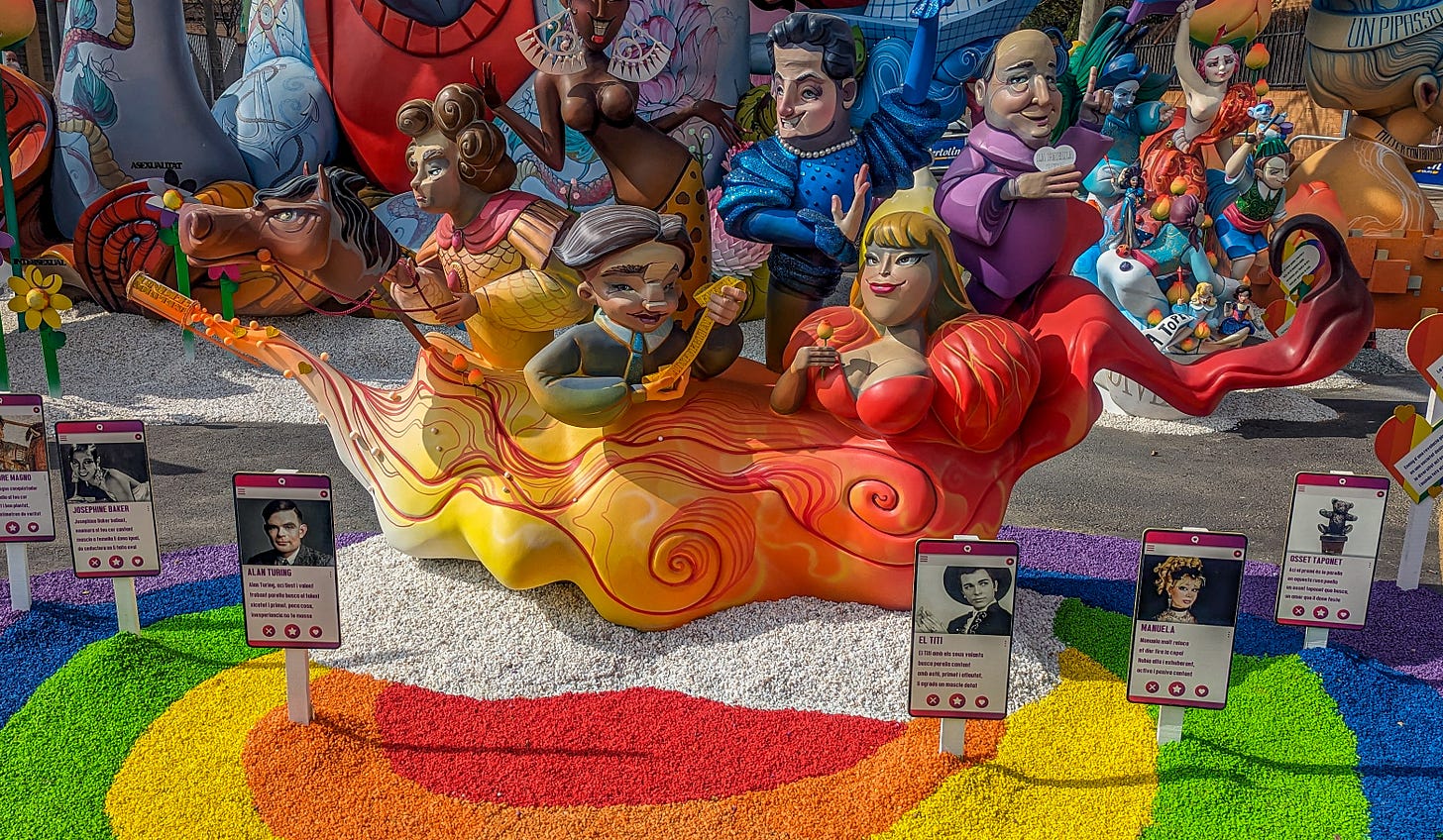 LGBTQ historical figures on a orange boat of flame. 