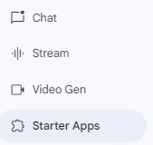 Google AI Studio tabs: Chat, Stream, Video Gen, and Starter Apps