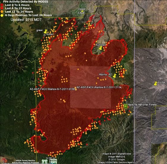 Map of Wallow fire, data 2350 6-8-2011