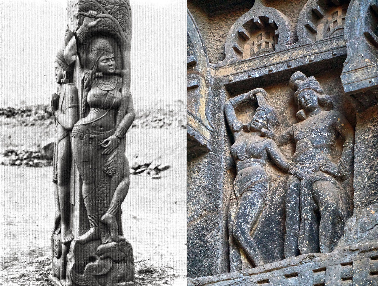 Left: Yakshi at Bharhut stupa, c. first century B.C.E., Madhya Pradesh; right: Mithuna, Karle Caves, Maharashtra, 2nd century C.E. (photo: Photo Dharma, CC BY-2.0)