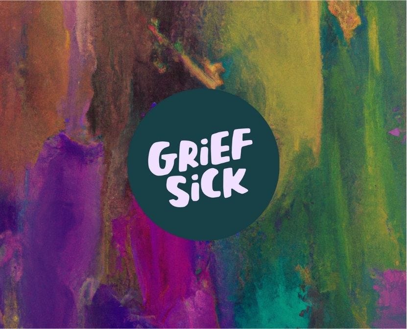 An abstract painting with thick brush strokes in purple, orange, pink, green and yellow, with a circular logo stamped over the front, the logo has a dark blue background and the words "GriefSick" written in handdrawn lilac font