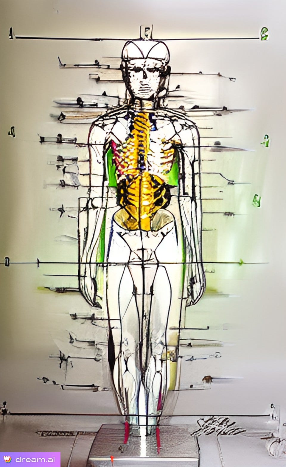 A.I. abstract image of a human figure with ribcage and torso exposed showing ribs and spine, with various horizontal lines possibly indicating acupuncture points on the body.