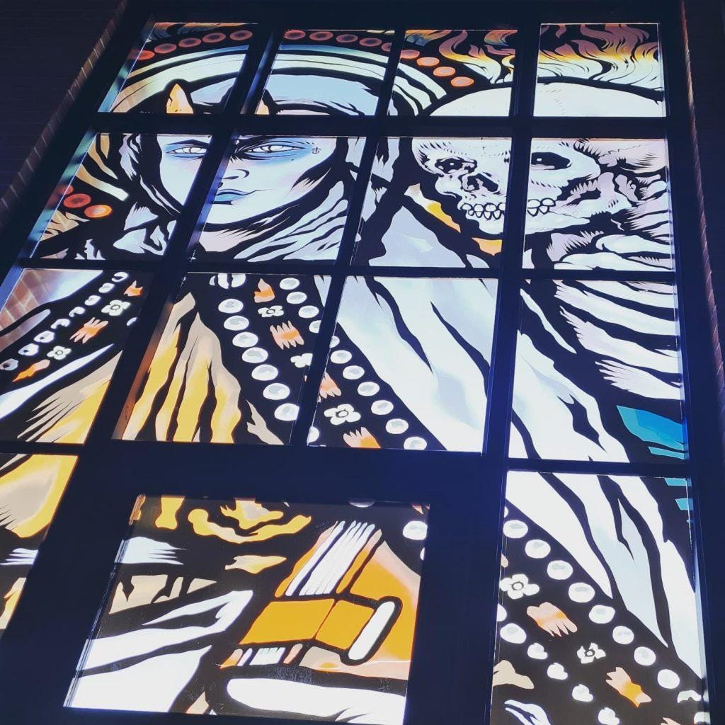 Stained glass window at Church: Temple of Fun