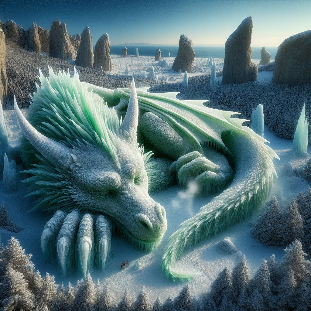 hyperrealistix scene made entirely of ice.tilt-shift sleeping ice dragon Classic Green European dragon blending in with frozen greenery ; partly obscured by frozen trees. Inland, ancient Crimea towering peaks of Crimean Mountains. snow, with dense forests. Vast distance. Mysterious Dolmens. icicles on ridges of dragons face. Breathing steam. Night sky, tiny stars. Ethereal. Luminescent. 