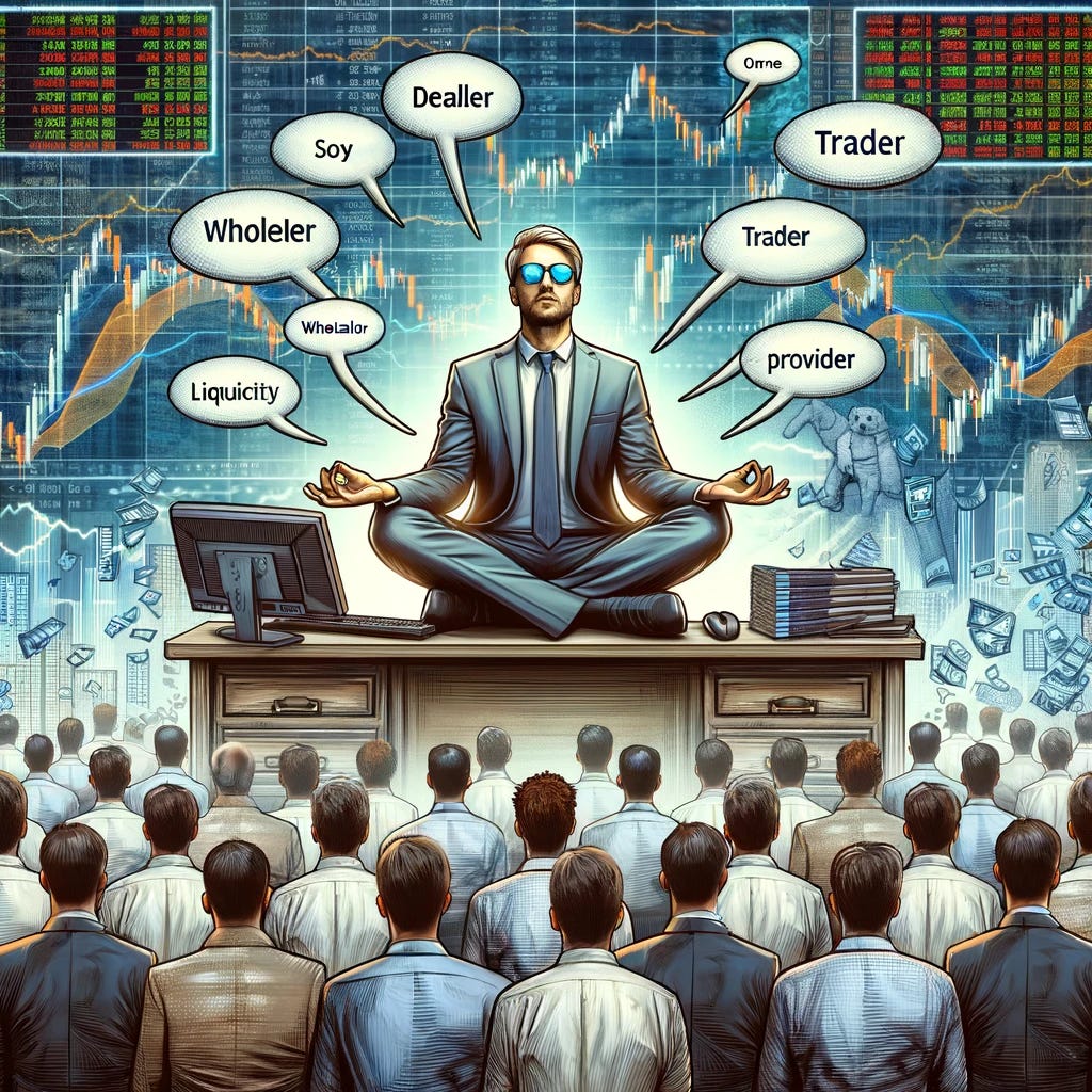 Revise the image to show the market maker in a zen-like trance while working at a computer, deeply focused on financial market activities. Surround the market maker with multiple screens displaying stock tickers, trading charts, and financial data. Include the surrounding crowd representing a general population of active traders, dressed in casual attire, reflecting a diverse trading environment. Add speech bubbles containing the words "dealer", "wholesaler", "trader", and "liquidity provider" emerging from the crowd, highlighting the different names used for market makers. Maintain the financial market backdrop, blending elements like graphs and currency symbols.