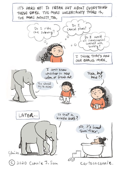 elephant, comics, anxiety, humor, connie sun, cartoonconnie, journal comic, sketchbook, illustration