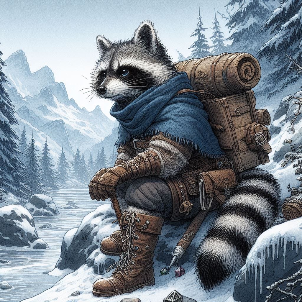 raccoon in adventuring gear on a snowy mountain path, dungeons and dragons fantasy drawing