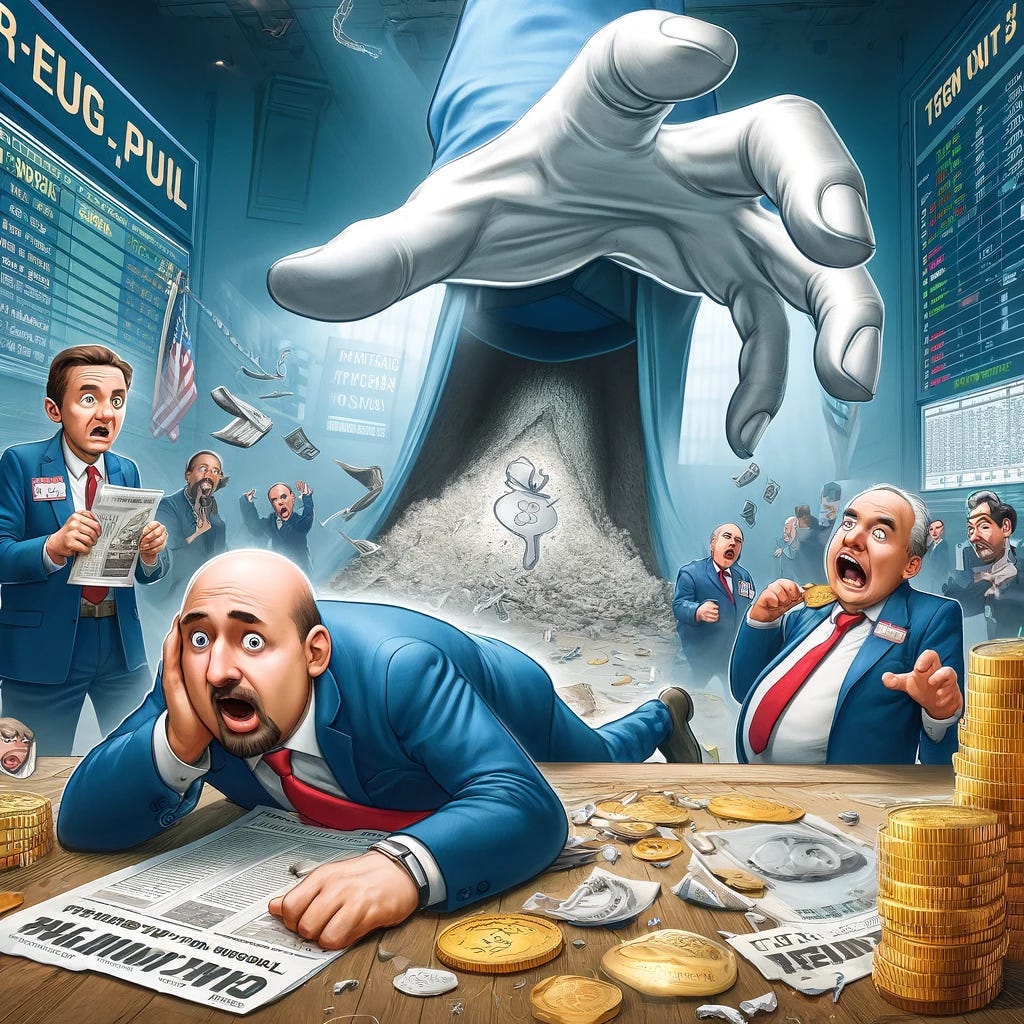 A satirical yet serious illustration for a blog post about trading risks in the silver market. The scene features a chaotic trading floor with a couple of traders in suits, one holding 'paper silver' contracts and both looking worried. In the center, a large hand is pulling a rug from under them, symbolizing the potential 'rug-pull'. In the background, a rabbit hole with a silver coin at the bottom adds to the concept of a 'trading rabbit hole'. The atmosphere is tense with exaggerated expressions on the traders' faces.