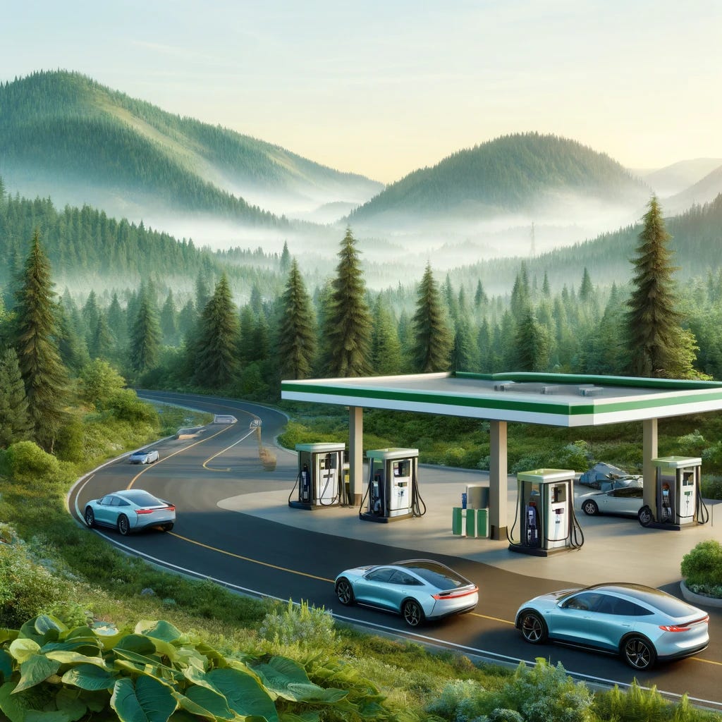 A realistic depiction of Oregon's environment focusing on sustainable transportation, without any text. The image shows a lush Oregon landscape with rolling hills and dense forests. A traditional gasoline station has been converted to offer electric vehicle charging, illustrating the transition to sustainable transportation. Several electric cars are parked and charging. The natural setting with green trees and a clear sky highlights environmental preservation and the adoption of clean energy.