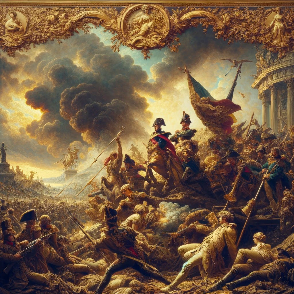 Dall-E: Here is the artwork created in the style of the 1790s, focusing on the theme of warfare and history. This image reflects the artistic characteristics of the late 18th century, with detailed and realistic depictions in a style reminiscent of romantic or neoclassical art. The composition includes elements that represent historical battles and conflict. 