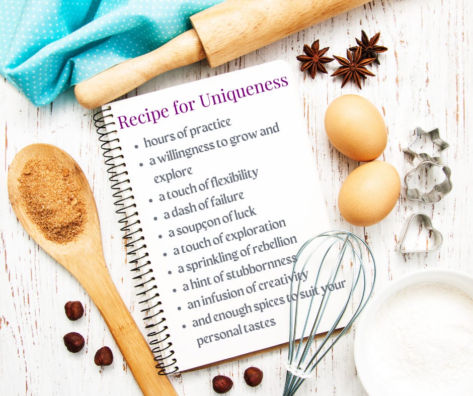 A recipe book in the middle of a table, surrounded by a rolling pin, eggs, sugar, spices, and cookie cutters. The Recipe for Uniqueness is written in the pages.