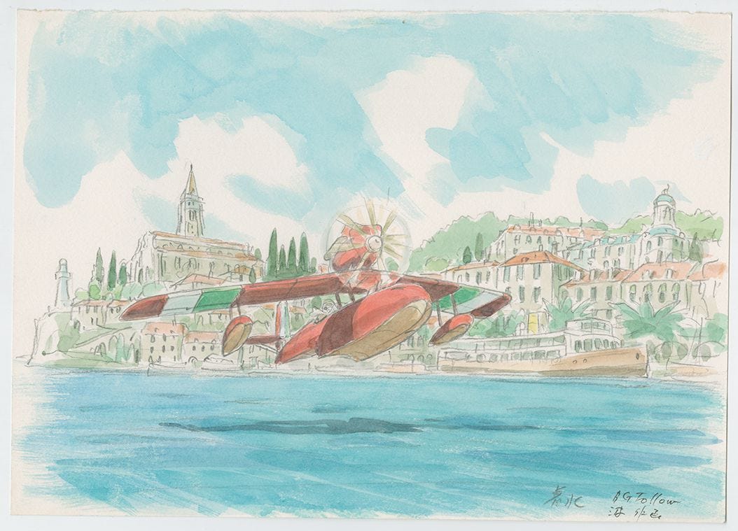 An imageboard for Porco Rosso, showing a plane flying low above the water in front of a port town.