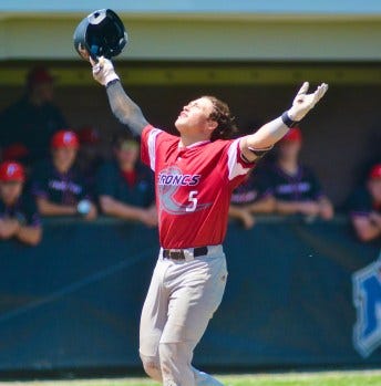 Rider’s Joe Tiroly gestures as he crosses home plate after hitting a three-run homer against Fairfield in the first inning during a MAAC baseball game at Sonny Pittaro Field in Lawrenceville. (Kyle Franko/ Trentonian Photo)

