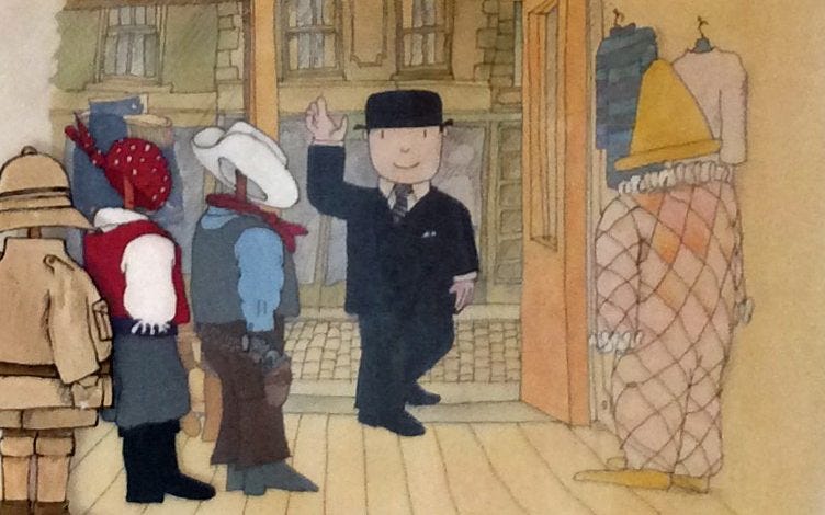 Mr Benn, from the 70's cartoon, walks into the costume shop